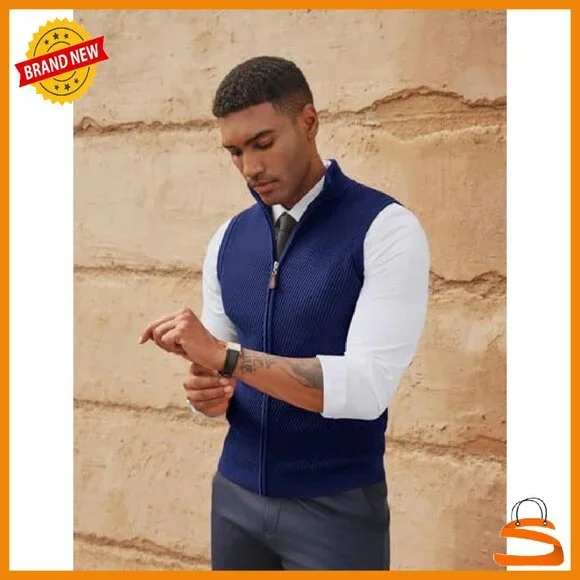 Men's Slim Fit Full Zip Sweater Vest Twill Textured Sleeveless Casual